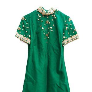 Vintage 60s Dress "Fashion Centre" Green Beaded Daisy 32"B 29"W